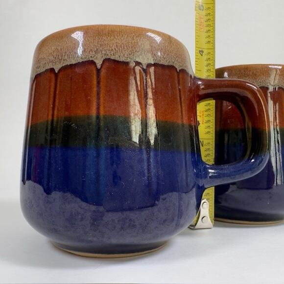 Classic Handmade Ceramic Drip Glaze Mug Cup set of 2 Brown Blue Retro 1970s VTG - Picture 9 of 10